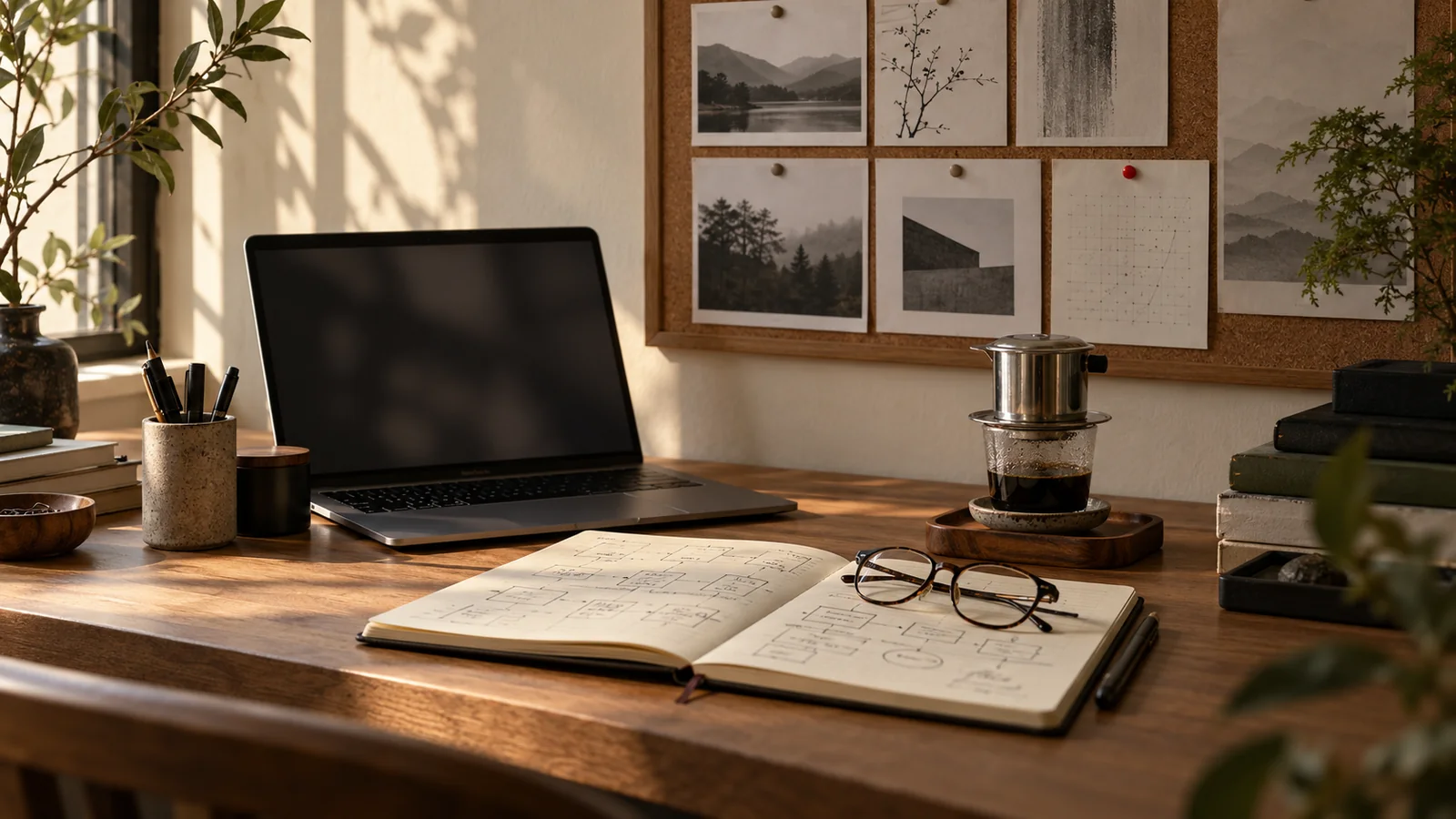 Minh hoạ: bàn làm việc gỗ có laptop, sổ phác thảo đang mở, ly cà phê phin và bảng ghim ảnh phía sau.